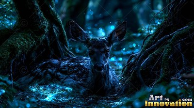 A spotted fawn rests by dark tree roots under blue light