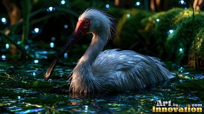 Long curved black beak on a white bird swimming in deep forest water with blue lights