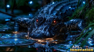 An alligator rests in dark swamp water dotted with bright blue specks of light