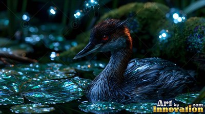 Facing left, a grebe floats in dark water surrounded by shiny lily pads