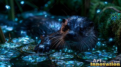 A dark otter rests in a pond among tiny blue lights on the water