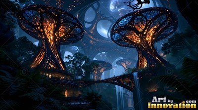 In a dim forest, giant mushroom towers shine with orange light over waterfalls