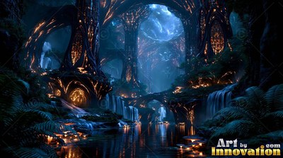 Arching over a dark river, hollow trees shine with warm lights beside small waterfalls