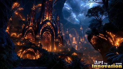 A dark castle with lit orange windows under a blue night sky