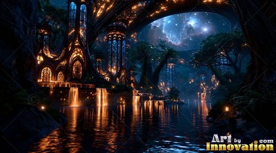 Arched golden windows line wooden towers built over waterfalls and a dark river at night