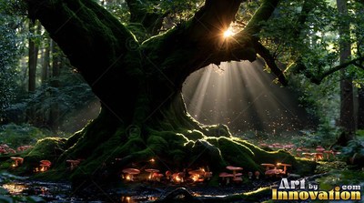 A mossy tree spreads wide branches as bright sunlight shines through the forest canopy