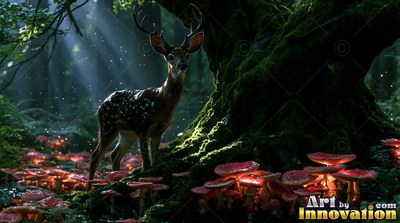 Standing deer turns its head in dark woods beside red mushrooms