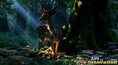 A spotted deer stands near mushrooms by an old tree under blue sunbeams