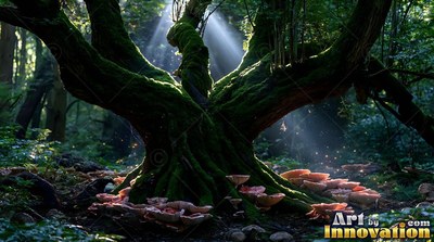 In a dark forest, a mossy tree trunk sits ringed by pale mushrooms under sunbeams