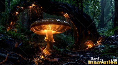 Shining with warm light, a mushroom stands beneath a dark curved tree trunk in the woods