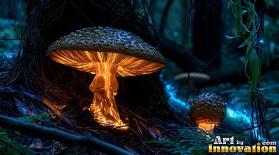 Mushroom lit with warm orange light in a shadowy forest