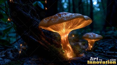 Slender ridges line a mushroom shining with warm golden light in a dark woodland