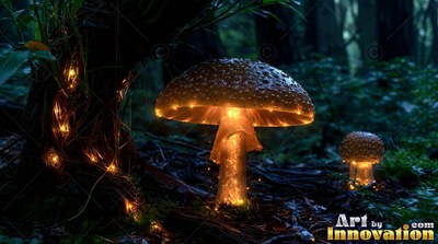 A speckled mushroom stands in the dark woods, lit from within by warm yellow light