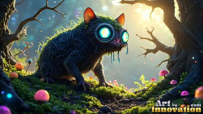 In a sunny woods, a dark furry creature with bright round eyes stands on moss