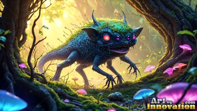 Creeping past purple mushrooms, a spiky blue forest monster prowls under curved trees