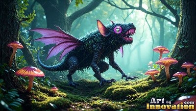 A small black creature with purple wings walks by red mushrooms