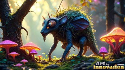 Moss-covered back on a blue four-legged critter walking past bright pink mushrooms
