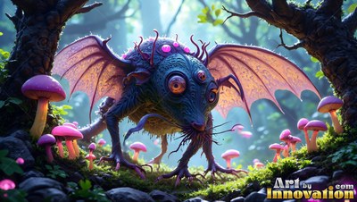 A winged creature with three eyes steps across moss beside bright pink mushrooms