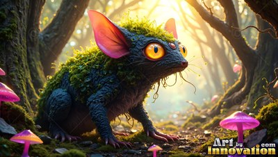 Crouched low in a sunlit forest, a mossy blue creature with big eyes
