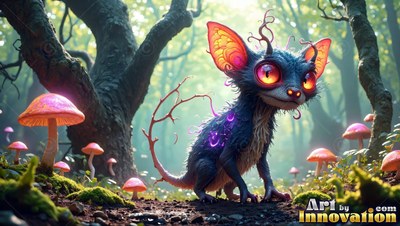 A small spiky creature with big pink ears sits near bright mushrooms in a woods