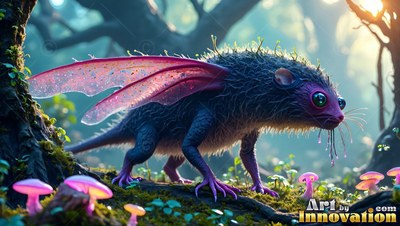 In a sun lit forest, a furry purple creature with pink wings walks on a log