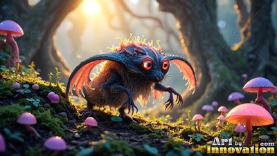Creeping past pink mushrooms, a tiny furry creature spreads its small wings in sunlight
