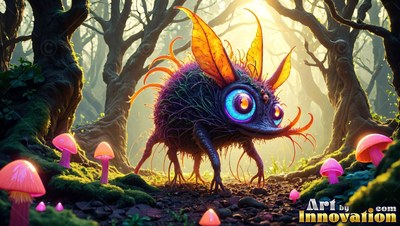 A small spiny creature walks past pink mushrooms in a forest
