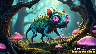 Spiny green back on a small critter walking through moss past pink mushrooms in a forest