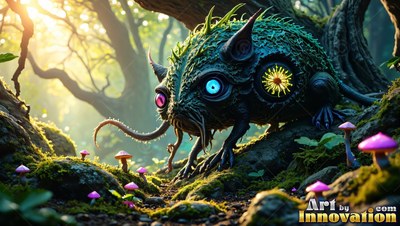 A round spiky creature crawls through moss under soft morning sunlight