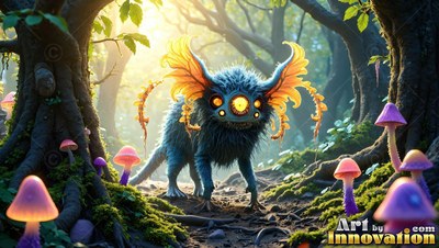 Standing on four legs in a sunny forest, a fuzzy blue creature by pink mushrooms