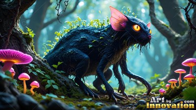 A dark six-legged creature with pink ears creeps past pink mushrooms in the woods