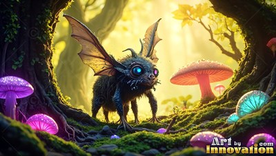 In a mossy woods with bright mushrooms, a winged fuzzy creature stands looking ahead