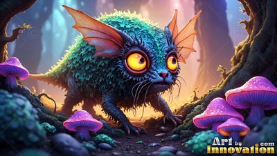 Prowling among purple mushrooms, a small blue creature with finned ears stares ahead