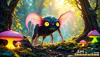 A spiky creature with pink ears stands near bright mushrooms