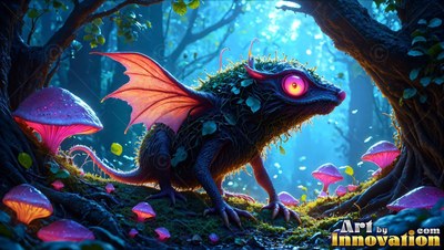 With red bat wings, a small mossy creature crawls past pink mushrooms in a dark blue wood