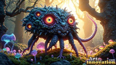 A many-eyed spiky creature walks on thin legs through a forest lit by soft yellow sun