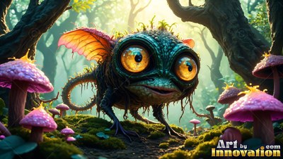Crouching low on the forest floor, a winged creature stares past pink mushrooms