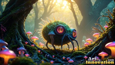 A spiky green monster with pink eyes crawls past mushrooms in sunny woods
