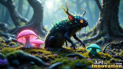 In a dark woods, a spiky horned rodent crouches by pink mushrooms