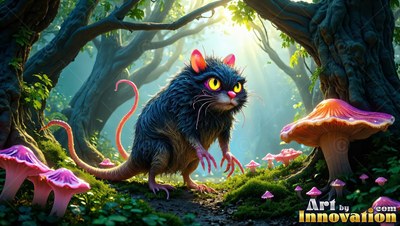 Creeping through a sunny forest, a small fuzzy creature crouches by pink mushrooms
