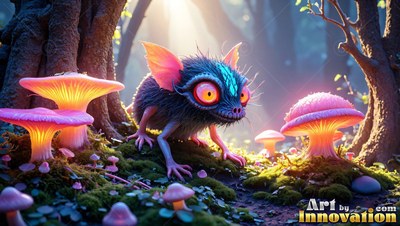 Fuzzy monster with big orange eyes crawls past bright pink mushrooms