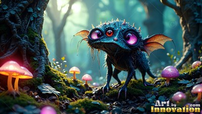 Spiky dark fur covers a three-eyed creature standing near pink mushrooms in a forest