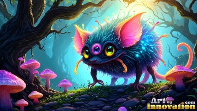 A furry three-eyed critter walks past pink mushrooms in bright yellow sunlight