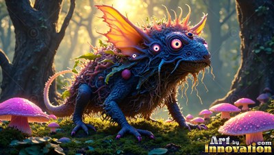 Crouched in profile in a forest, a blue spiny creature near bright pink mushrooms