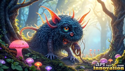 A fuzzy blue creature with orange horns creeps by pink mushrooms in a sunny forest