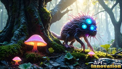 In a mossy woods, a spiny purple creature crawls past pink mushrooms