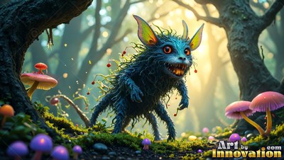 Creeping past pink mushrooms , a fuzzy blue monster with big ears grins in the woods