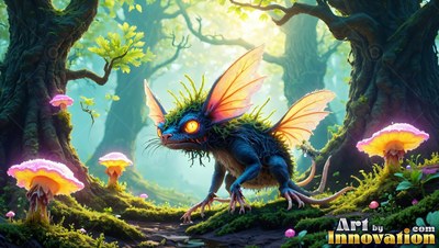Blue winged critter walking past pink mushrooms in a forest