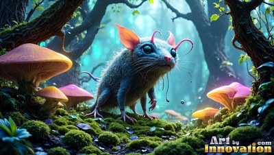 Large pink ears flare from a fuzzy blue critter standing on moss beside forest mushrooms