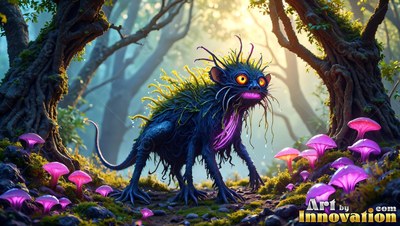 A spiny blue creature walks past bright pink mushrooms in warm forest sunlight